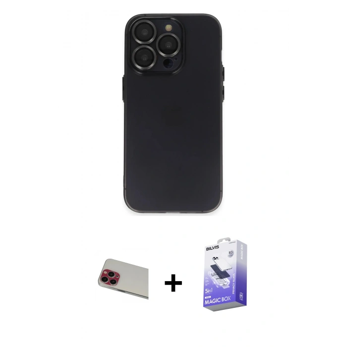 MARSİLYAN™- iPhone 13 Pro Max Kılıf Ufuk Minimal Özel Seri - Siyah Bilvis 5in1 5D Magic Hayalet Cam Ekran Koruyucu + Rainbow Kamera Lens Koruma Cam - KI