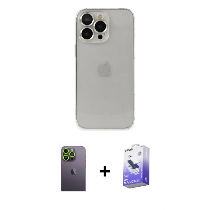 MARSİLYAN™- iPhone 13 Pro Max Kılıf Ufuk Minimal Özel Seri - Siyah Bilvis 5in1 5D Magic Hayalet Cam Ekran Koruyucu + Neon Fosforlu Kamera Lens - YL