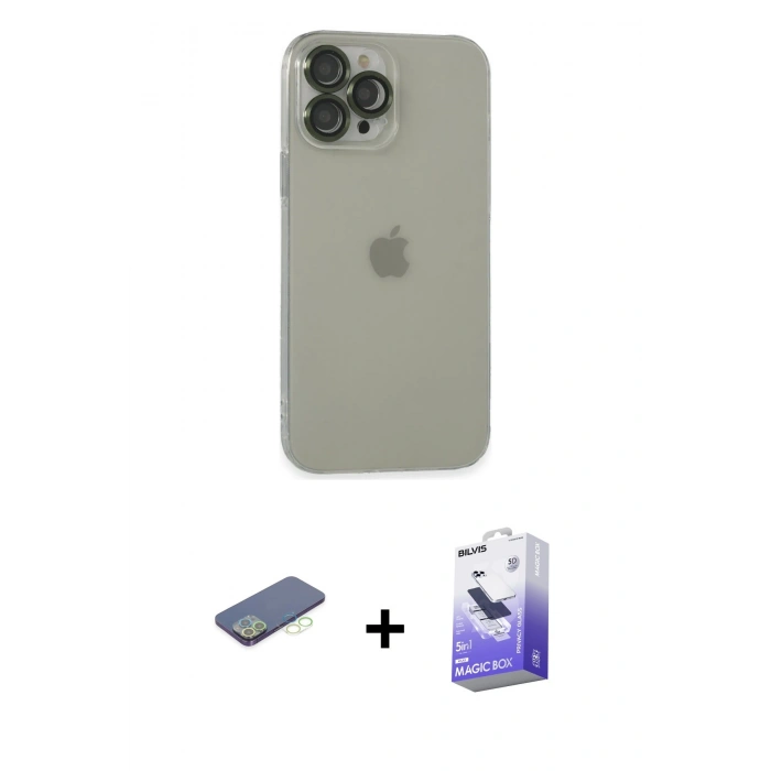 MARSİLYAN™- iPhone 13 Pro Max Kılıf Ufuk Minimal Özel Seri - Siyah Bilvis 5in1 5D Magic Hayalet Cam Ekran Koruyucu + Renkli Kamera Lens Koruma Cam - YL