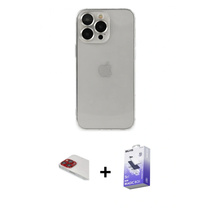 MARSİLYAN™- iPhone 13 Pro Max Kılıf Ufuk Minimal Özel Seri - Siyah Bilvis 5in1 5D Magic Hayalet Cam Ekran Koruyucu + Pers Alüminyum Kamera Lens - KI