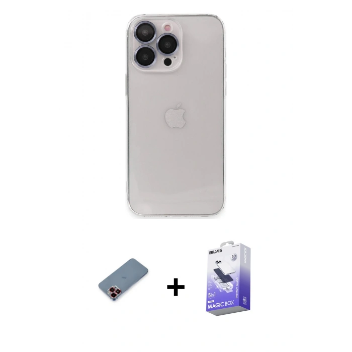 MARSİLYAN™- iPhone 13 Pro Max Kılıf Ufuk Minimal Özel Seri - Siyah Bilvis 5in1 5D Magic Hayalet Cam Ekran Koruyucu + Metal Kamera Lens Koruma Cam - KI