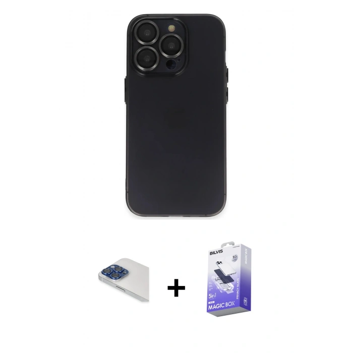 MARSİLYAN™- iPhone 13 Pro Max Kılıf Ufuk Minimal Özel Seri - Siyah Bilvis 5in1 5D Magic Hayalet Cam Ekran Koruyucu + Lacivert Pers Alüminyum Kamera Lens