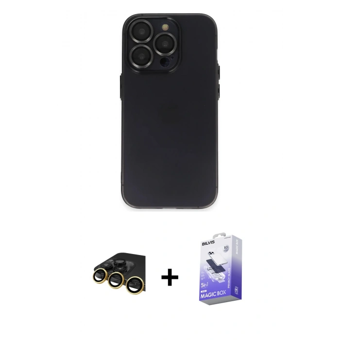 MARSİLYAN™- iPhone 13 Pro Max Kılıf Ufuk Minimal Özel Seri - Siyah Bilvis 5in1 5D Magic Hayalet Cam Ekran Koruyucu + Raze Metal Kamera Lens - GD