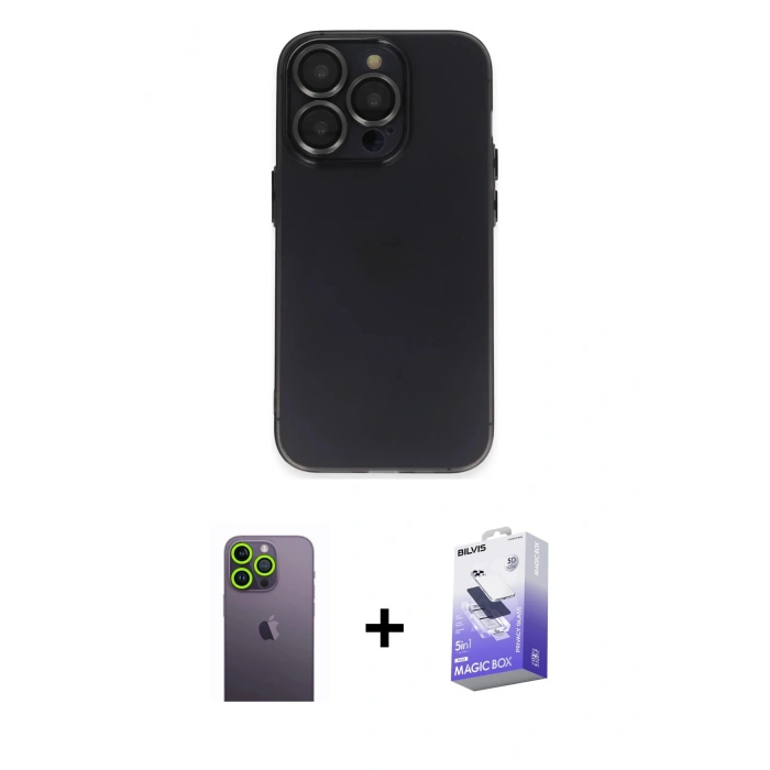 MARSİLYAN™- iPhone 13 Pro Max Kılıf Ufuk Minimal Özel Seri - Siyah Bilvis 5in1 5D Magic Hayalet Cam Ekran Koruyucu + Neon Fosforlu Kamera Lens - YL