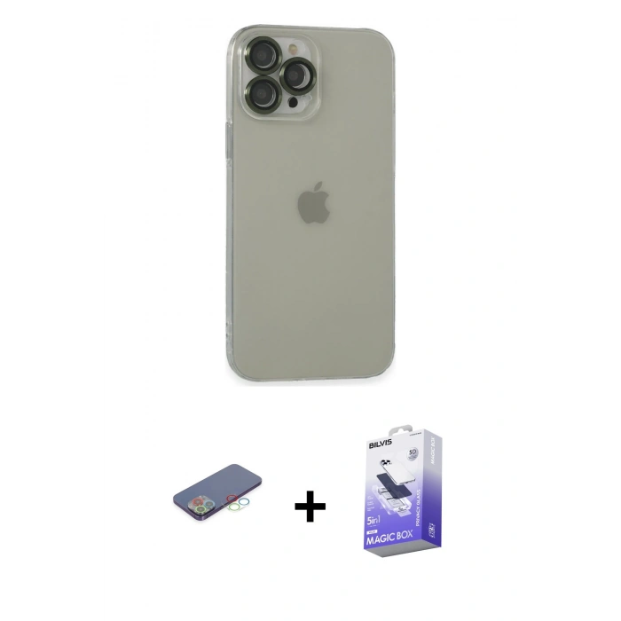 MARSİLYAN™- iPhone 13 Pro Max Kılıf Ufuk Minimal Özel Seri - Siyah Bilvis 5in1 5D Magic Hayalet Cam Ekran Koruyucu + Renkli Kamera Lens Koruma Cam - MI