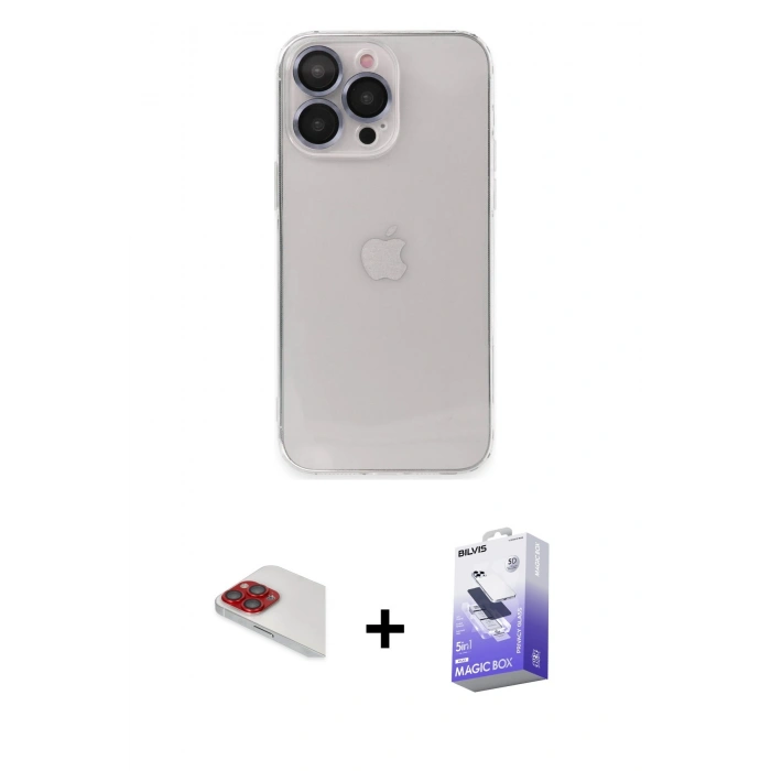 MARSİLYAN™- iPhone 13 Pro Max Kılıf Ufuk Minimal Özel Seri - Siyah Bilvis 5in1 5D Magic Hayalet Cam Ekran Koruyucu + Pers Alüminyum Kamera Lens - KI