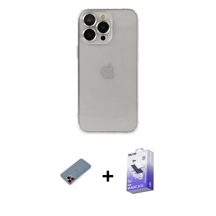 MARSİLYAN™- iPhone 13 Pro Max Kılıf Ufuk Minimal Özel Seri - Siyah Bilvis 5in1 5D Magic Hayalet Cam Ekran Koruyucu + Metal Kamera Lens Koruma Cam - KI