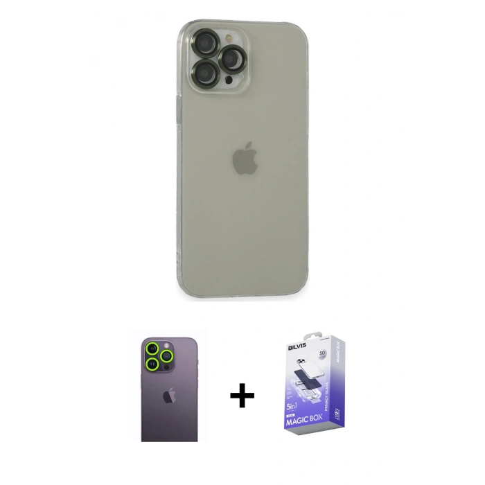 MARSİLYAN™- iPhone 13 Pro Max Kılıf Ufuk Minimal Özel Seri - Siyah Bilvis 5in1 5D Magic Hayalet Cam Ekran Koruyucu + Neon Fosforlu Kamera Lens - YL