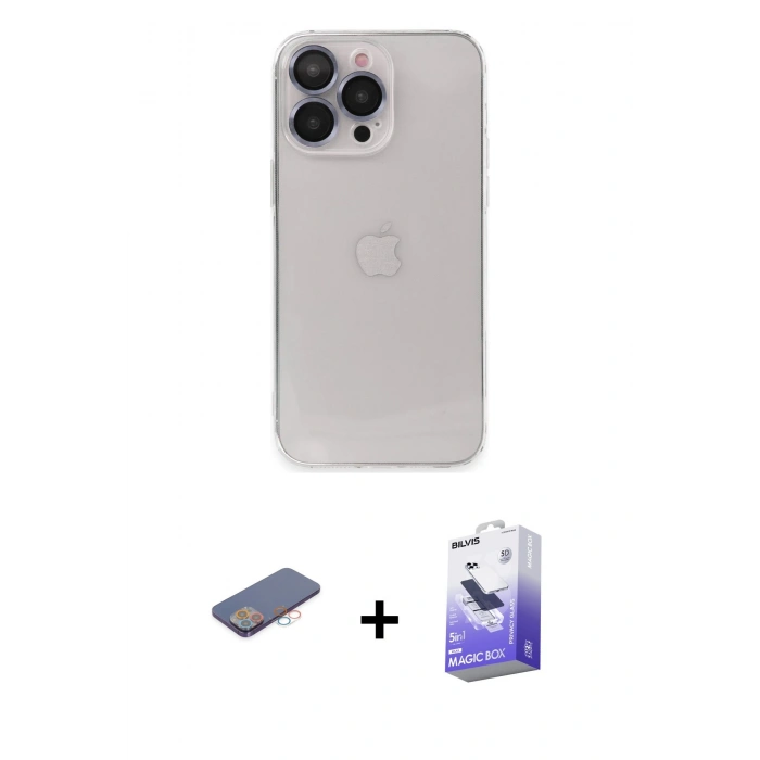 MARSİLYAN™- iPhone 13 Pro Max Kılıf Ufuk Minimal Özel Seri - Siyah Bilvis 5in1 5D Magic Hayalet Cam Ekran Koruyucu + Renkli Kamera Lens Koruma Cam - PE