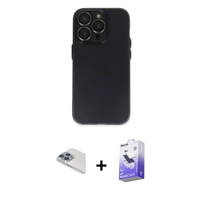 MARSİLYAN™- iPhone 13 Pro Max Kılıf Ufuk Minimal Özel Seri - Siyah Bilvis 5in1 5D Magic Hayalet Cam Ekran Koruyucu + Pers Alüminyum Kamera Lens - SABE