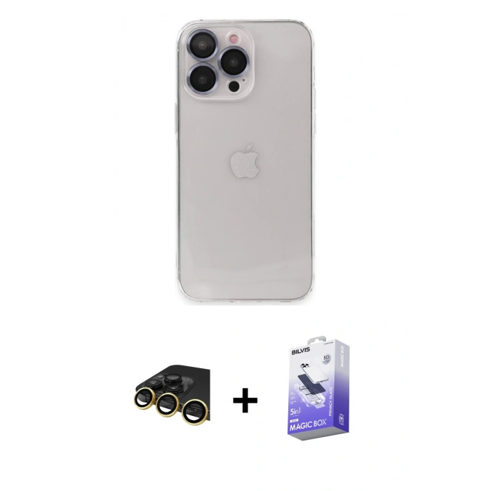 MARSİLYAN™- iPhone 13 Pro Max Kılıf Ufuk Minimal Özel Seri - Siyah Bilvis 5in1 5D Magic Hayalet Cam Ekran Koruyucu + Raze Metal Kamera Lens - GD