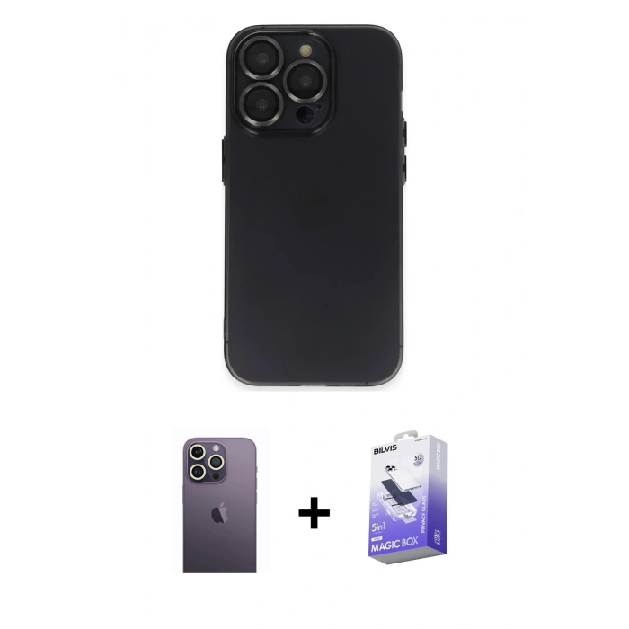 MARSİLYAN™- iPhone 13 Pro Max Kılıf Ufuk Minimal Özel Seri - Siyah Bilvis 5in1 5D Magic Hayalet Cam Ekran Koruyucu + Beyaz Neon Fosforlu Kamera Lens