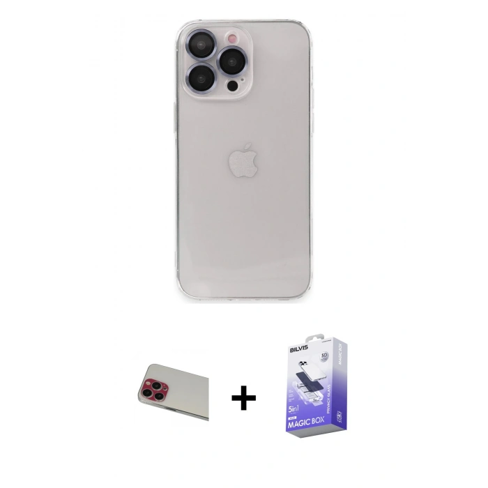 MARSİLYAN™- iPhone 13 Pro Max Kılıf Ufuk Minimal Özel Seri - Siyah Bilvis 5in1 5D Magic Hayalet Cam Ekran Koruyucu + Rainbow Kamera Lens Koruma Cam - KI