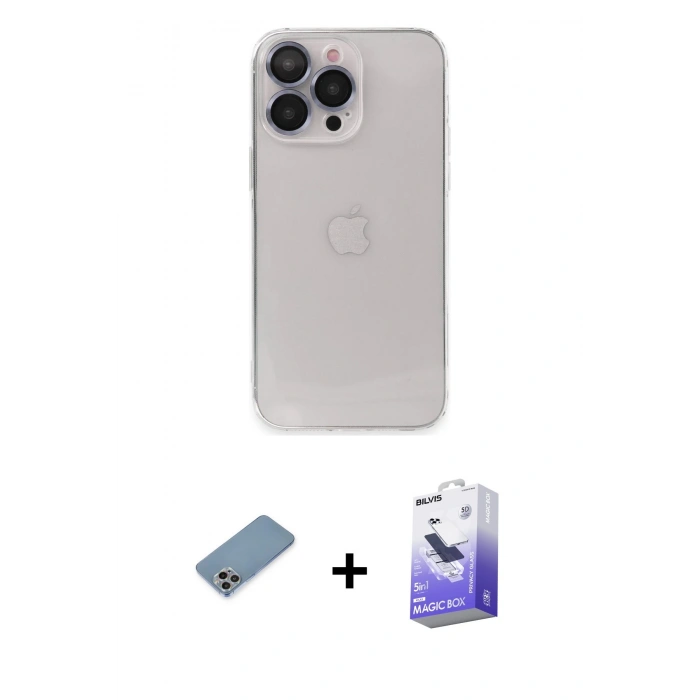 MARSİLYAN™- iPhone 13 Pro Max Kılıf Ufuk Minimal Özel Seri - Siyah Bilvis 5in1 5D Magic Hayalet Cam Ekran Koruyucu + Shine Kamera Lens Koruma Cam - GI