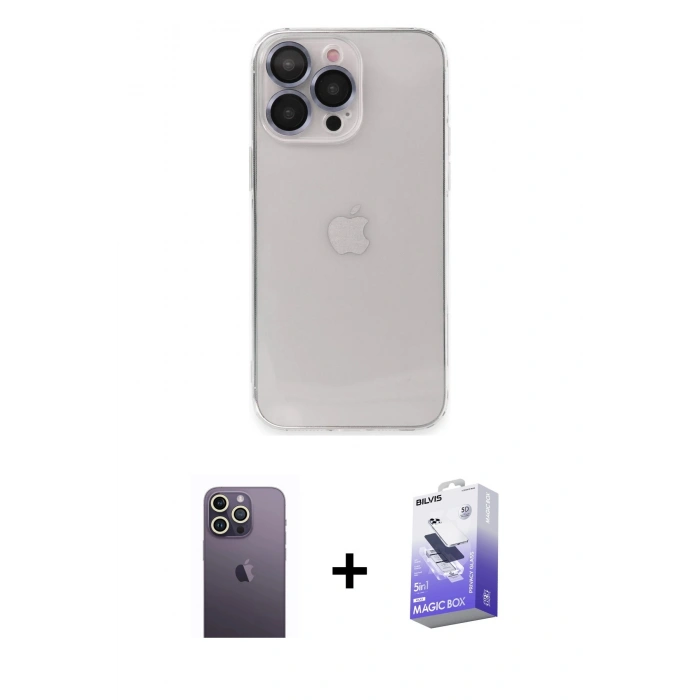 MARSİLYAN™- iPhone 13 Pro Max Kılıf Ufuk Minimal Özel Seri - Siyah Bilvis 5in1 5D Magic Hayalet Cam Ekran Koruyucu + Beyaz Neon Fosforlu Kamera Lens