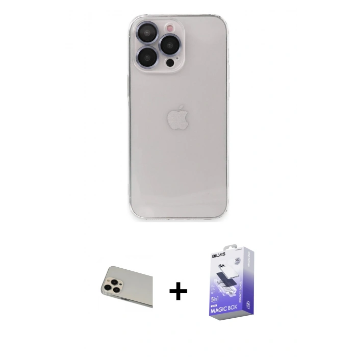 MARSİLYAN™- iPhone 13 Pro Max Kılıf Ufuk Minimal Özel Seri - Siyah Bilvis 5in1 5D Magic Hayalet Cam Ekran Koruyucu + Rainbow Kamera Lens Koruma Cam - REGD