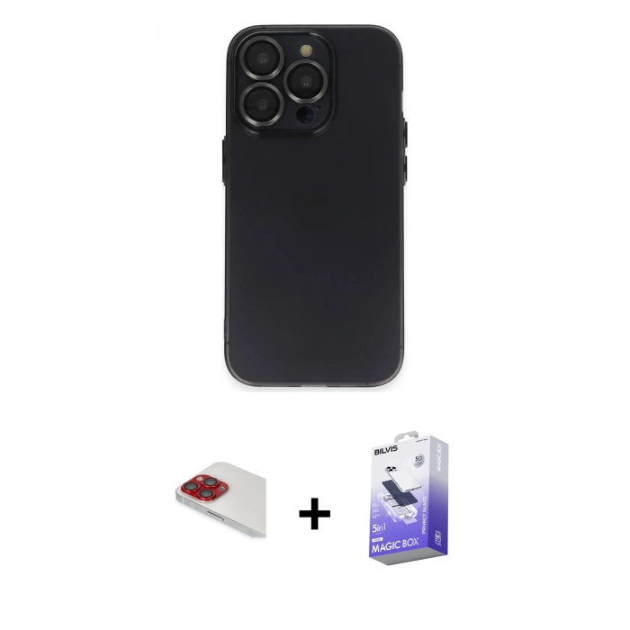 MARSİLYAN™- iPhone 13 Pro Max Kılıf Ufuk Minimal Özel Seri - Siyah Bilvis 5in1 5D Magic Hayalet Cam Ekran Koruyucu + Pers Alüminyum Kamera Lens - KI