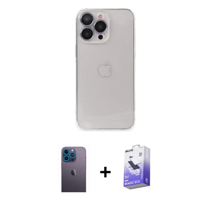 MARSİLYAN™- iPhone 13 Pro Max Kılıf Ufuk Minimal Özel Seri - Siyah Bilvis 5in1 5D Magic Hayalet Cam Ekran Koruyucu + Neon Fosforlu Kamera Lens - MI