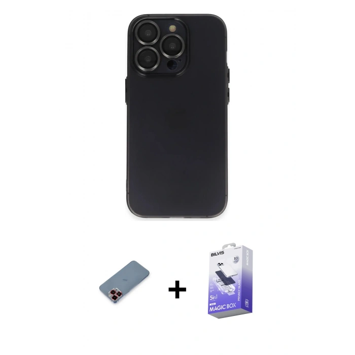 MARSİLYAN™- iPhone 13 Pro Max Kılıf Ufuk Minimal Özel Seri - Siyah Bilvis 5in1 5D Magic Hayalet Cam Ekran Koruyucu + Metal Kamera Lens Koruma Cam - KI