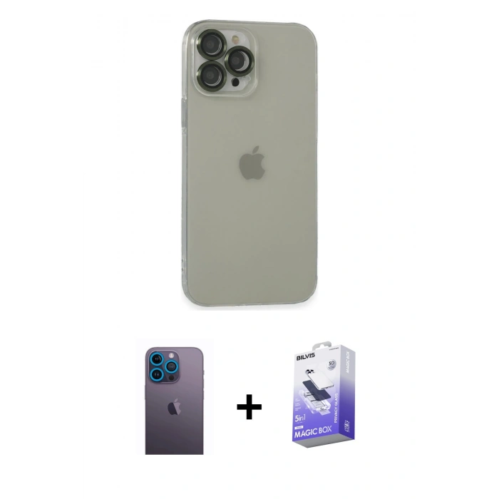 MARSİLYAN™- iPhone 13 Pro Max Kılıf Ufuk Minimal Özel Seri - Siyah Bilvis 5in1 5D Magic Hayalet Cam Ekran Koruyucu + Neon Fosforlu Kamera Lens - MI
