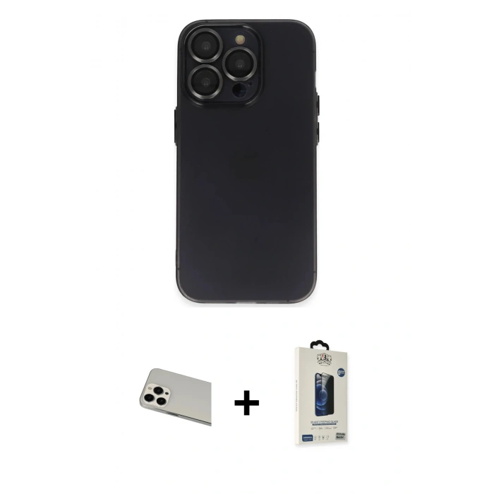 MARSİLYAN™- iPhone 13 Pro Max Kılıf Ufuk Minimal Özel Seri - Siyah Bilvis Hayalet Cam Ekran Koruyucu + Rainbow Kamera Lens Koruma Cam - BZ