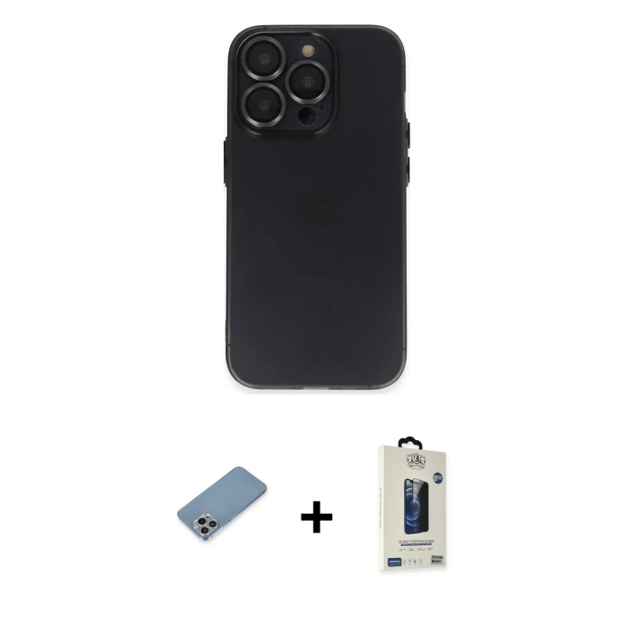 MARSİLYAN™- iPhone 13 Pro Max Kılıf Ufuk Minimal Özel Seri - Siyah Bilvis Hayalet Cam Ekran Koruyucu + Shine Kamera Lens Koruma Cam - GI