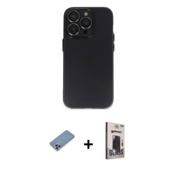MARSİLYAN™- iPhone 13 Pro Max Kılıf Ufuk Minimal Özel Seri - Siyah Bilvis Hayalet Cam Ekran Koruyucu + Gökkuşağı Shine Kamera Lens Koruma Cam