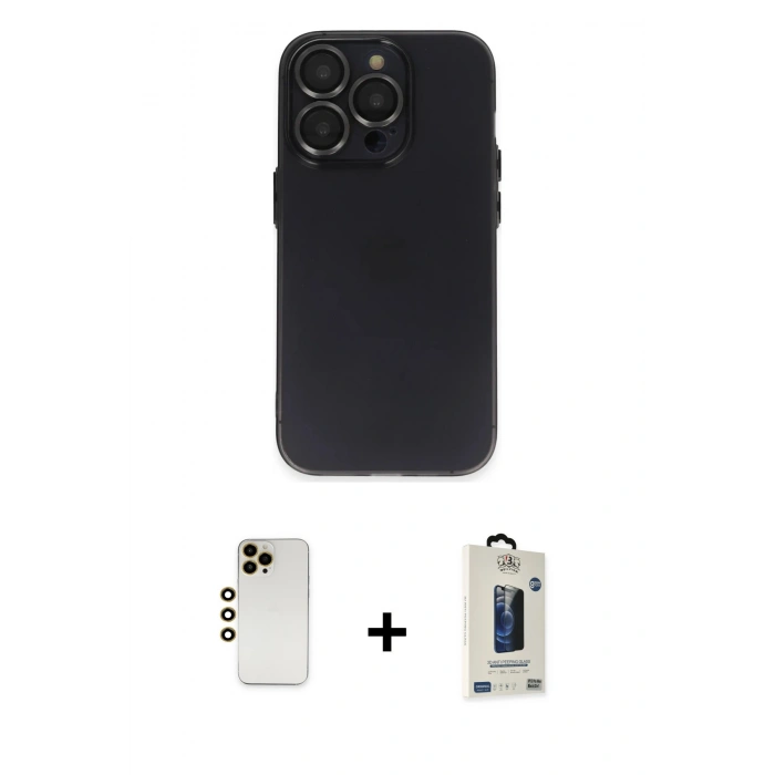 MARSİLYAN™- iPhone 13 Pro Max Kılıf Ufuk Minimal Özel Seri - Siyah Bilvis Hayalet Cam Ekran Koruyucu + Shine Kamera Lens - GD