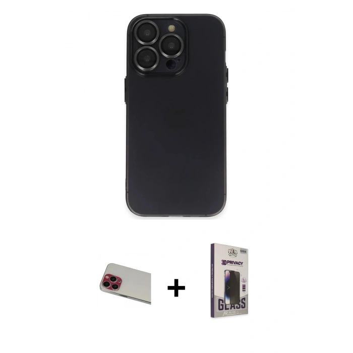 MARSİLYAN™- iPhone 13 Pro Max Kılıf Ufuk Minimal Özel Seri - Siyah Bilvis Hayalet Cam Ekran Koruyucu + Rainbow Kamera Lens Koruma Cam - KI