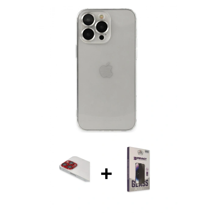 MARSİLYAN™- iPhone 13 Pro Max Kılıf Ufuk Minimal Özel Seri - Siyah Bilvis Hayalet Cam Ekran Koruyucu + Kırmızı Pers Alüminyum Kamera Lens