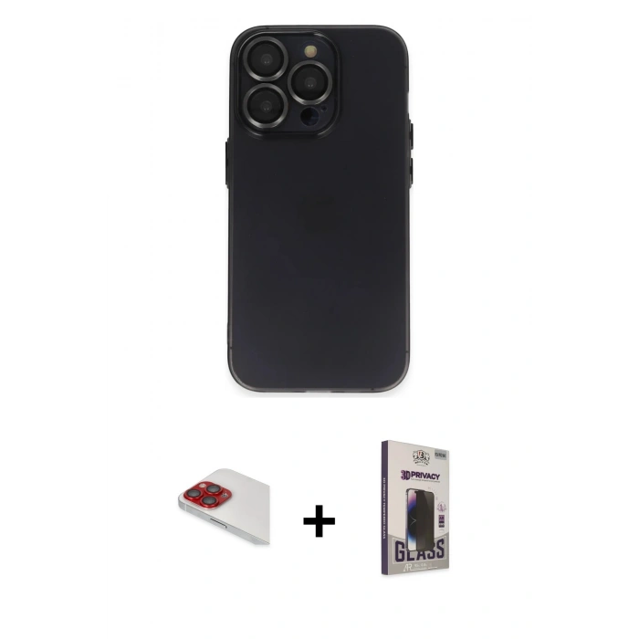 MARSİLYAN™- iPhone 13 Pro Max Kılıf Ufuk Minimal Özel Seri - Siyah Bilvis Hayalet Cam Ekran Koruyucu + Kırmızı Pers Alüminyum Kamera Lens
