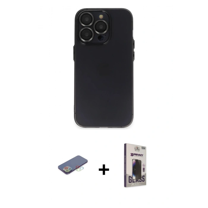 MARSİLYAN™- iPhone 13 Pro Max Kılıf Ufuk Minimal Özel Seri - Siyah Bilvis Hayalet Cam Ekran Koruyucu + Renkli Kamera Lens Koruma Cam - MI