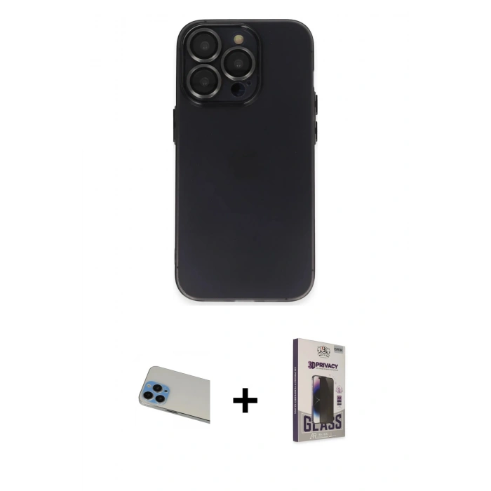 MARSİLYAN™- iPhone 13 Pro Max Kılıf Ufuk Minimal Özel Seri - Siyah Bilvis Hayalet Cam Ekran Koruyucu + Rainbow Kamera Lens Koruma Cam - MI