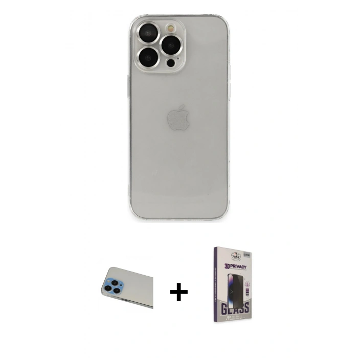 MARSİLYAN™- iPhone 13 Pro Max Kılıf Ufuk Minimal Özel Seri - Siyah Bilvis Hayalet Cam Ekran Koruyucu + Rainbow Kamera Lens Koruma Cam - MI