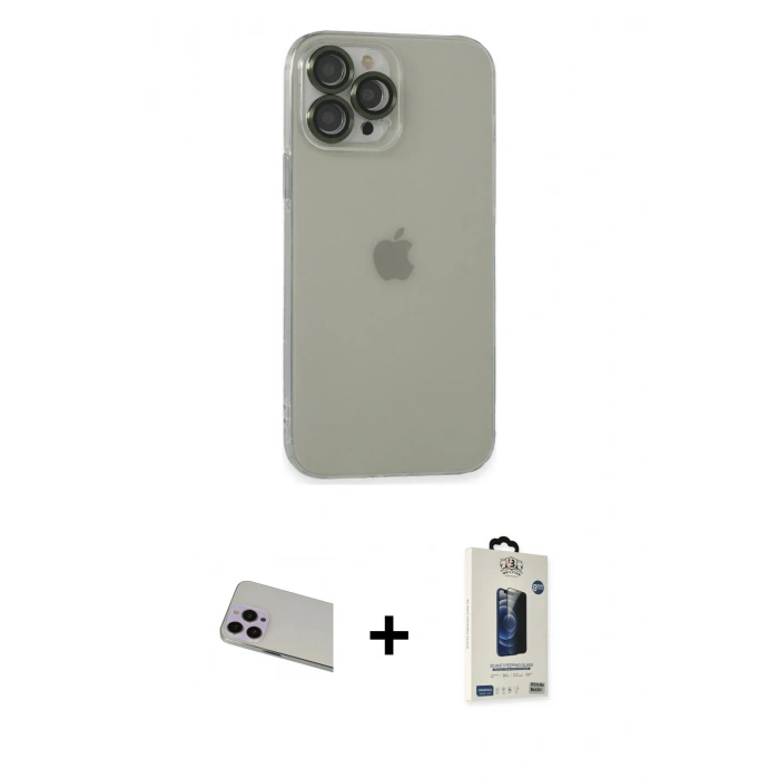 MARSİLYAN™- iPhone 13 Pro Max Kılıf Ufuk Minimal Özel Seri - Siyah Bilvis Hayalet Cam Ekran Koruyucu + Mor Rainbow Kamera Lens Koruma Cam