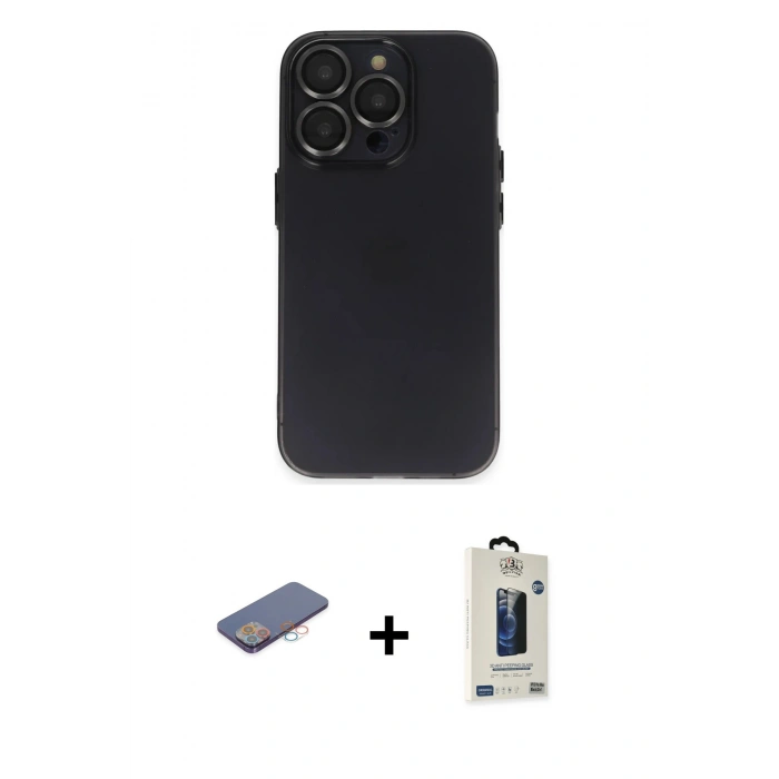 MARSİLYAN™- iPhone 13 Pro Max Kılıf Ufuk Minimal Özel Seri - Siyah Bilvis Hayalet Cam Ekran Koruyucu + Renkli Kamera Lens Koruma Cam - PE