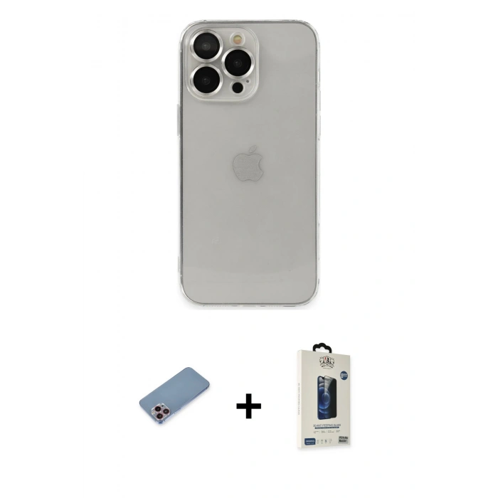 MARSİLYAN™- iPhone 13 Pro Max Kılıf Ufuk Minimal Özel Seri - Siyah Bilvis Hayalet Cam Ekran Koruyucu + Shine Kamera Lens Koruma Cam - PE