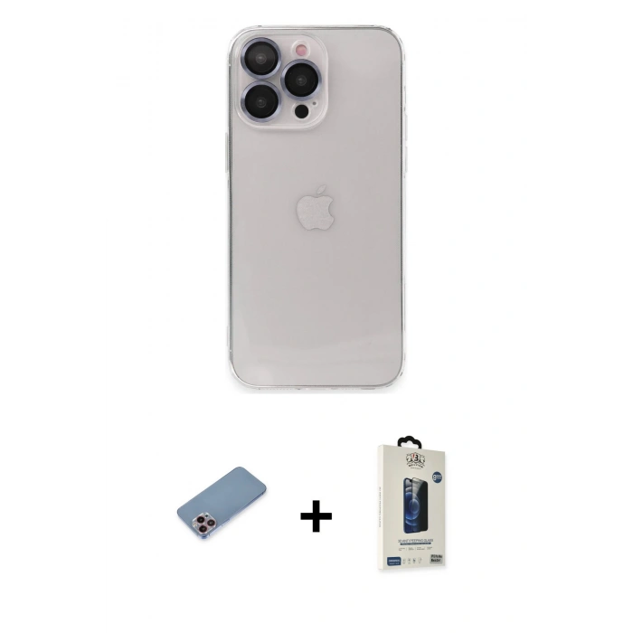 MARSİLYAN™- iPhone 13 Pro Max Kılıf Ufuk Minimal Özel Seri - Siyah Bilvis Hayalet Cam Ekran Koruyucu + Shine Kamera Lens Koruma Cam - PE
