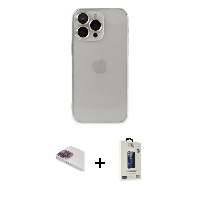MARSİLYAN™- iPhone 13 Pro Max Kılıf Ufuk Minimal Özel Seri - Siyah Bilvis Hayalet Cam Ekran Koruyucu + Pers Alüminyum Kamera Lens - GI