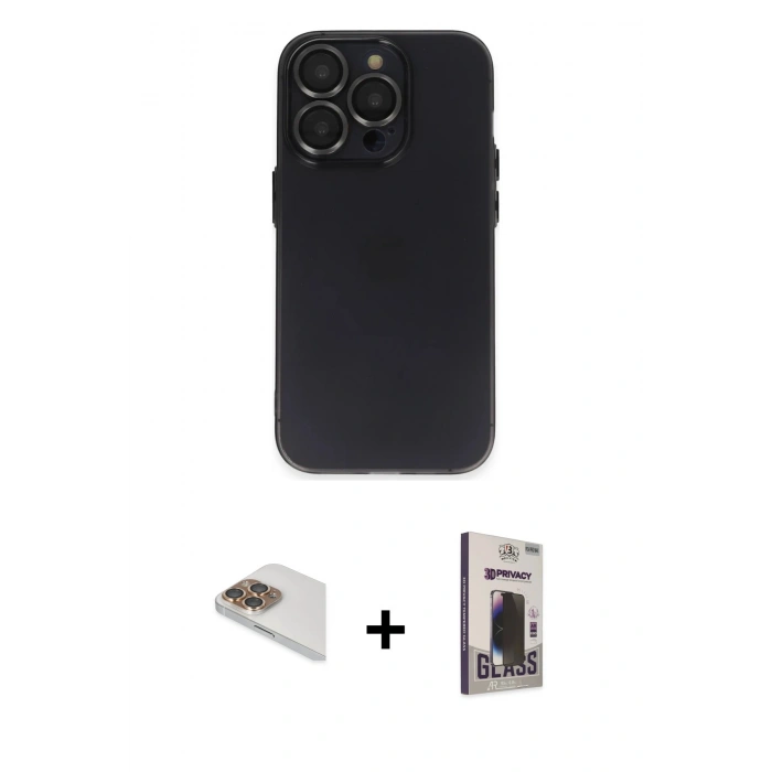 MARSİLYAN™- iPhone 13 Pro Max Kılıf Ufuk Minimal Özel Seri - Siyah Bilvis Hayalet Cam Ekran Koruyucu + Pers Alüminyum Kamera Lens - GD