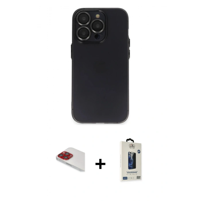MARSİLYAN™- iPhone 13 Pro Max Kılıf Ufuk Minimal Özel Seri - Siyah Bilvis Hayalet Cam Ekran Koruyucu + Pers Alüminyum Kamera Lens - KI