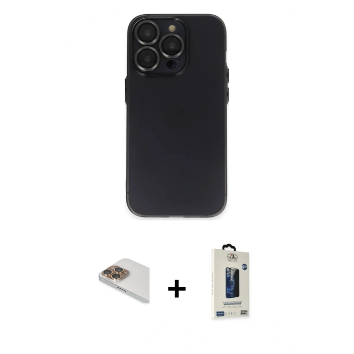 MARSİLYAN™- iPhone 13 Pro Max Kılıf Ufuk Minimal Özel Seri - Siyah Bilvis Hayalet Cam Ekran Koruyucu + Pers Alüminyum Kamera Lens - GD