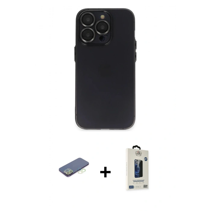 MARSİLYAN™- iPhone 13 Pro Max Kılıf Ufuk Minimal Özel Seri - Siyah Bilvis Hayalet Cam Ekran Koruyucu + Renkli Kamera Lens Koruma Cam - YL