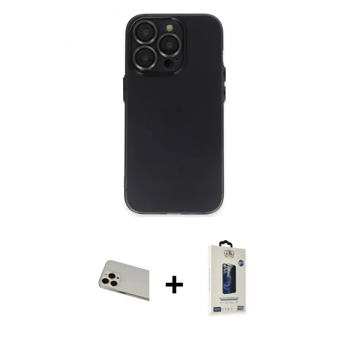 MARSİLYAN™- iPhone 13 Pro Max Kılıf Ufuk Minimal Özel Seri - Siyah Bilvis Hayalet Cam Ekran Koruyucu + Rainbow Kamera Lens Koruma Cam - REGD