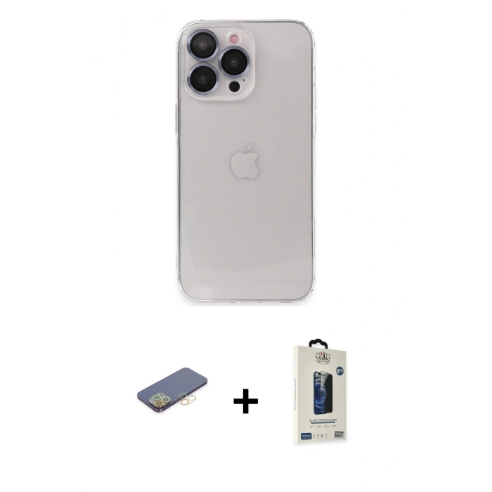 MARSİLYAN™- iPhone 13 Pro Max Kılıf Ufuk Minimal Özel Seri - Siyah Bilvis Hayalet Cam Ekran Koruyucu + Sarı Renkli Kamera Lens Koruma Cam