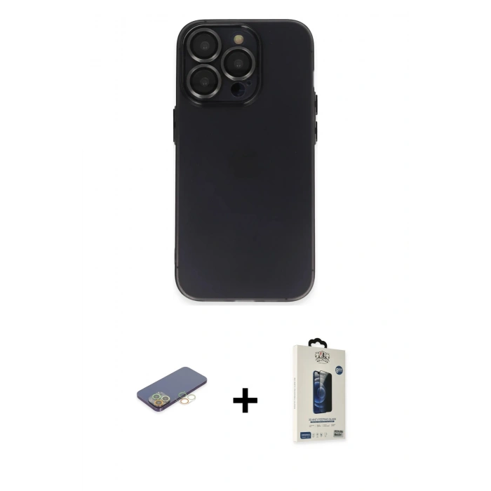 MARSİLYAN™- iPhone 13 Pro Max Kılıf Ufuk Minimal Özel Seri - Siyah Bilvis Hayalet Cam Ekran Koruyucu + Sarı Renkli Kamera Lens Koruma Cam