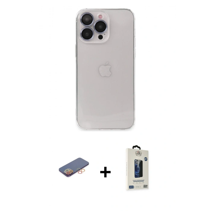 MARSİLYAN™- iPhone 13 Pro Max Kılıf Ufuk Minimal Özel Seri - Siyah Bilvis Hayalet Cam Ekran Koruyucu + Turuncu Renkli Kamera Lens Koruma Cam