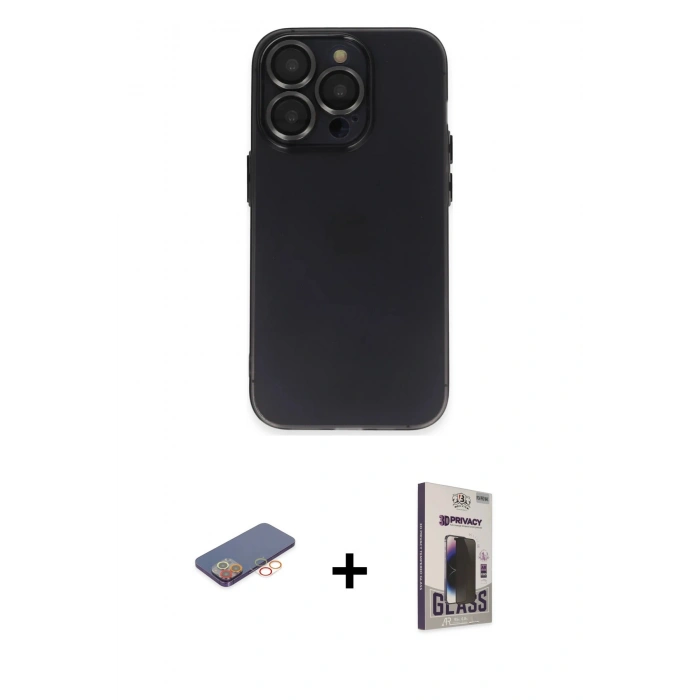 MARSİLYAN™- iPhone 13 Pro Max Kılıf Ufuk Minimal Özel Seri - Siyah Bilvis Hayalet Cam Ekran Koruyucu + Renkli Kamera Lens Koruma Cam - TU