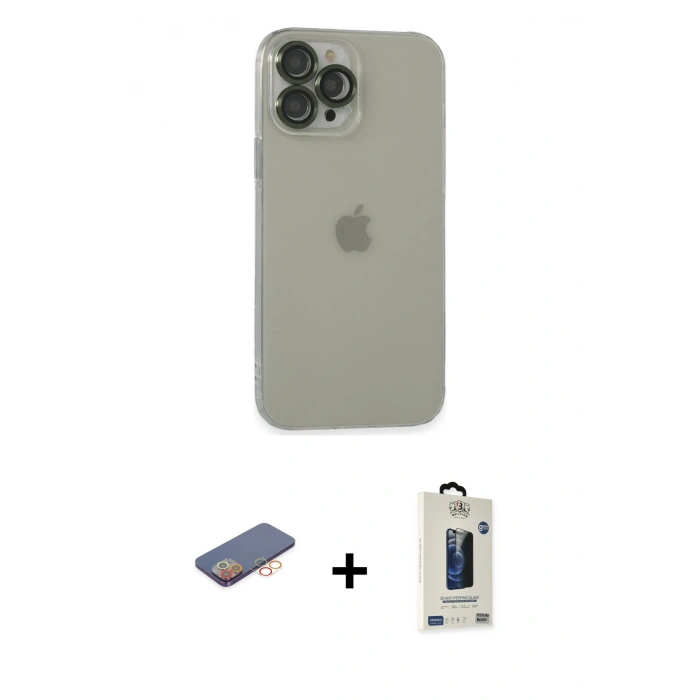 MARSİLYAN™- iPhone 13 Pro Max Kılıf Ufuk Minimal Özel Seri - Siyah Bilvis Hayalet Cam Ekran Koruyucu + Turuncu Renkli Kamera Lens Koruma Cam