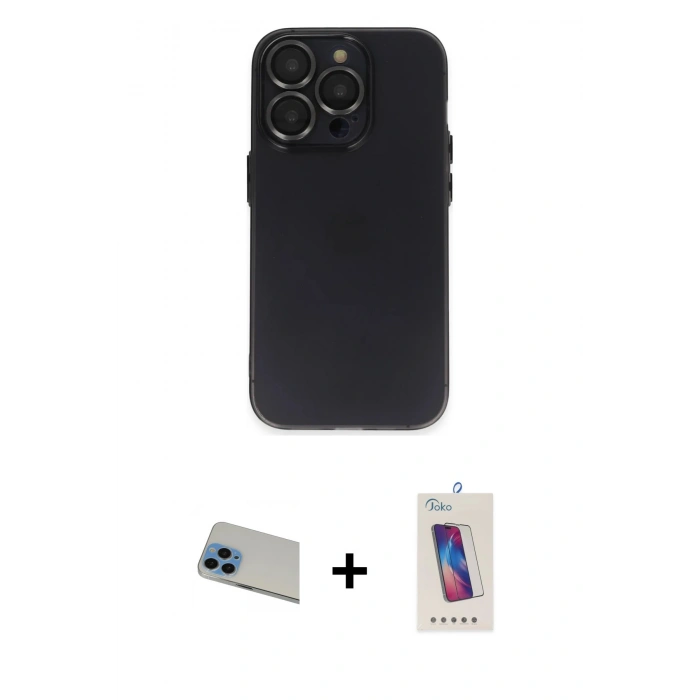 MARSİLYAN™- iPhone 13 Pro Max Kılıf Ufuk Minimal Özel Seri - Siyah Joko 5D Cam + Rainbow Kamera Lens Koruma Cam - MI